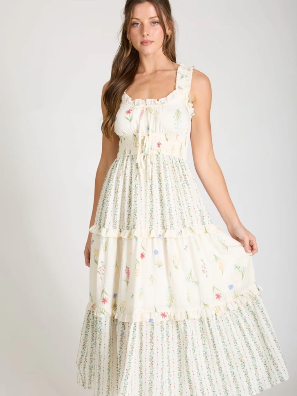 Floral Colorblock Ruffle Tiered Midi Dress Ivory Multi Large NWT - Picture 8 of 8